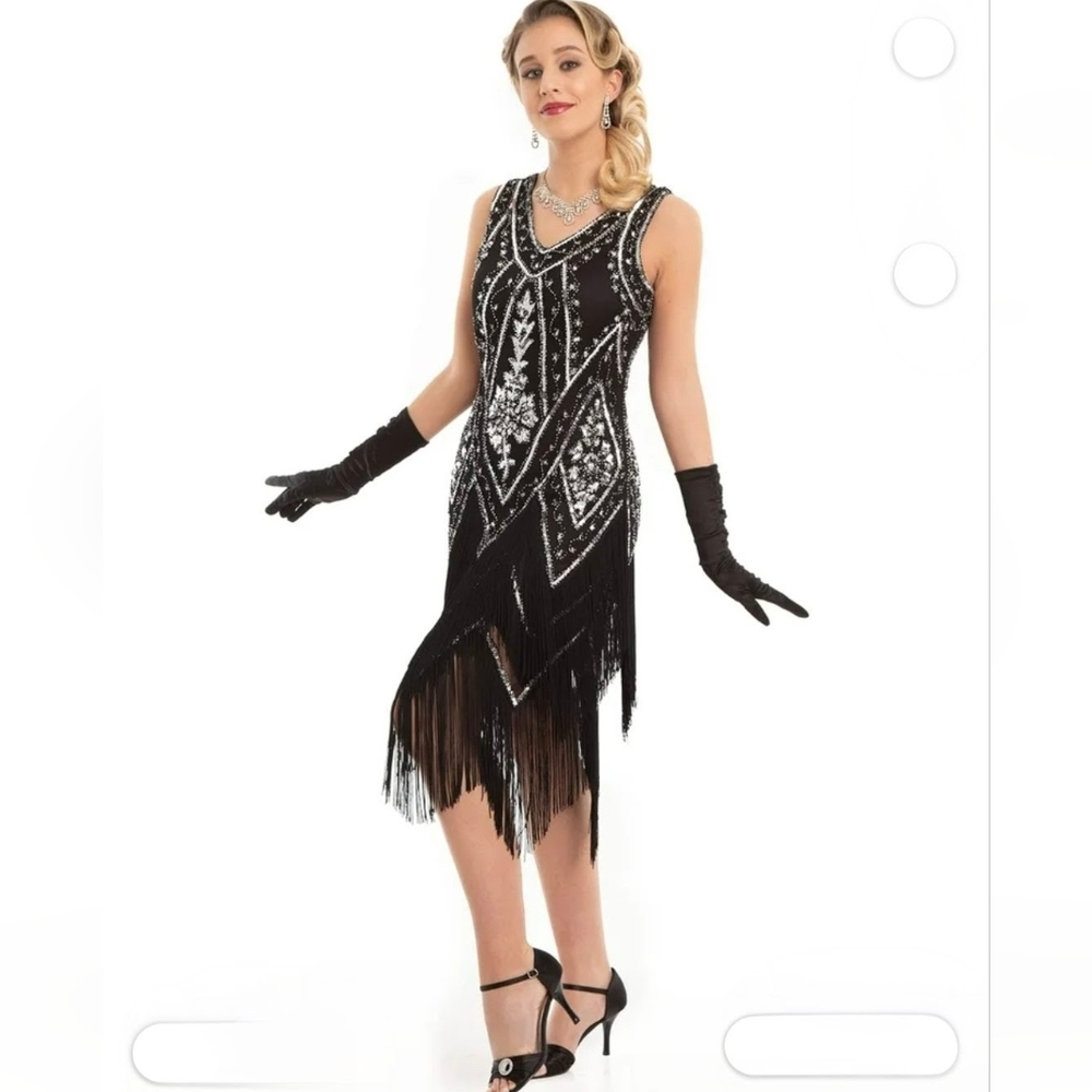 Gatsby Elegant Roaring 20s Blk & Silver Beaded Flapper Dress(Dress Only) NWT 3XL